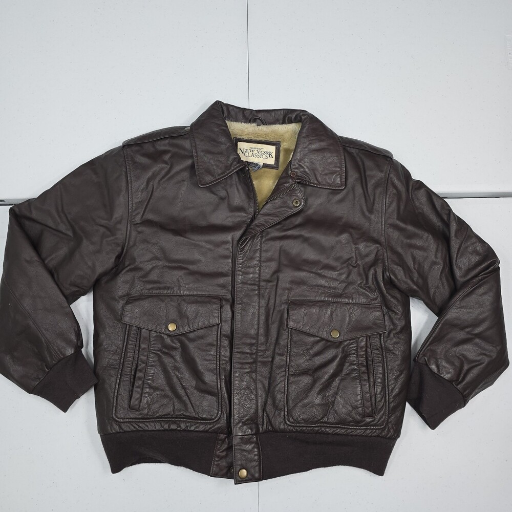 Vintage 90s New York Classics Leather Bomber Jacket Men~L Faux Fur Lined Aviator